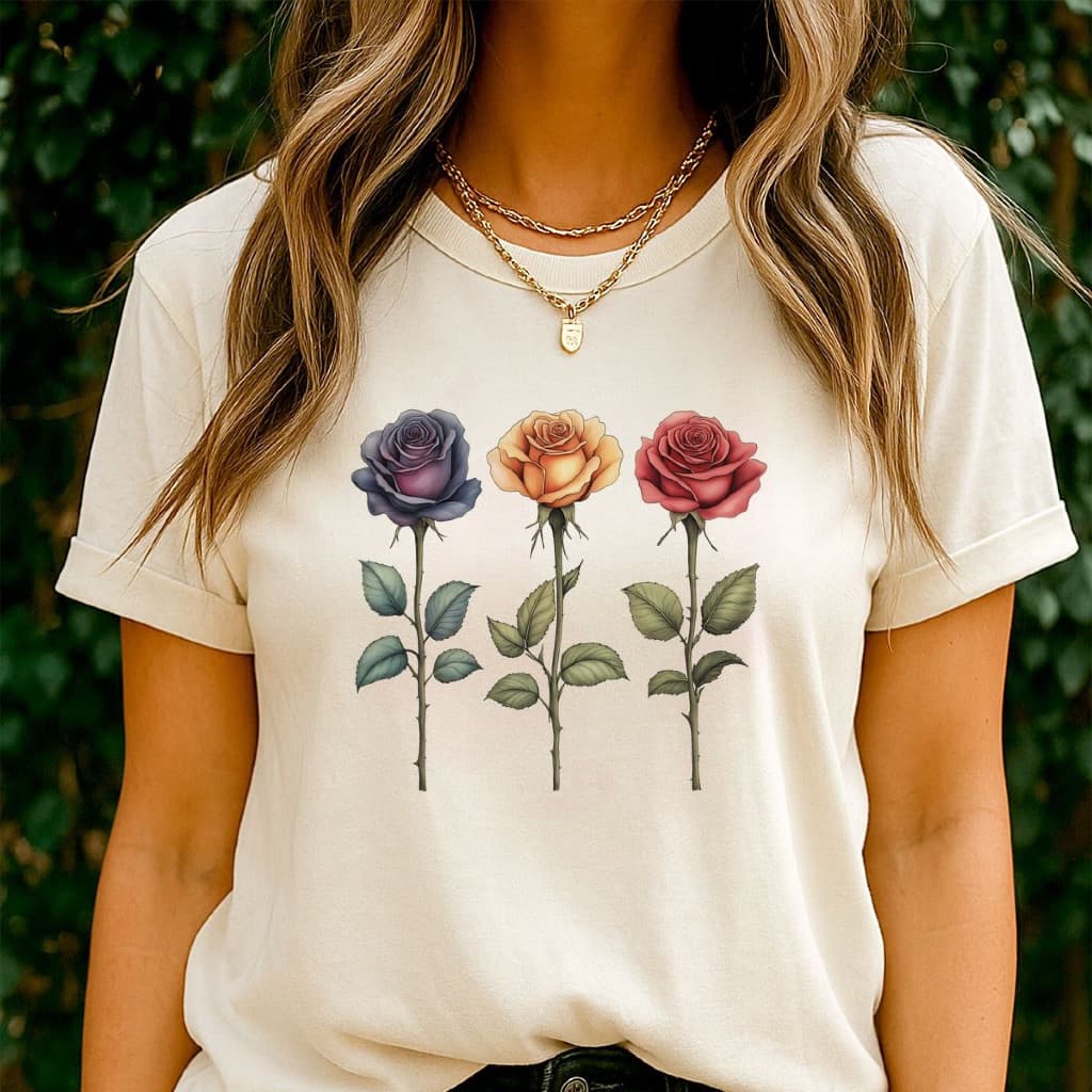 [Camiseta Premium em Algodão Puro]LA  Camiseta Feminina – Flores | Camiseta Estampada  | Três Rosas | T-Shirt Feminina