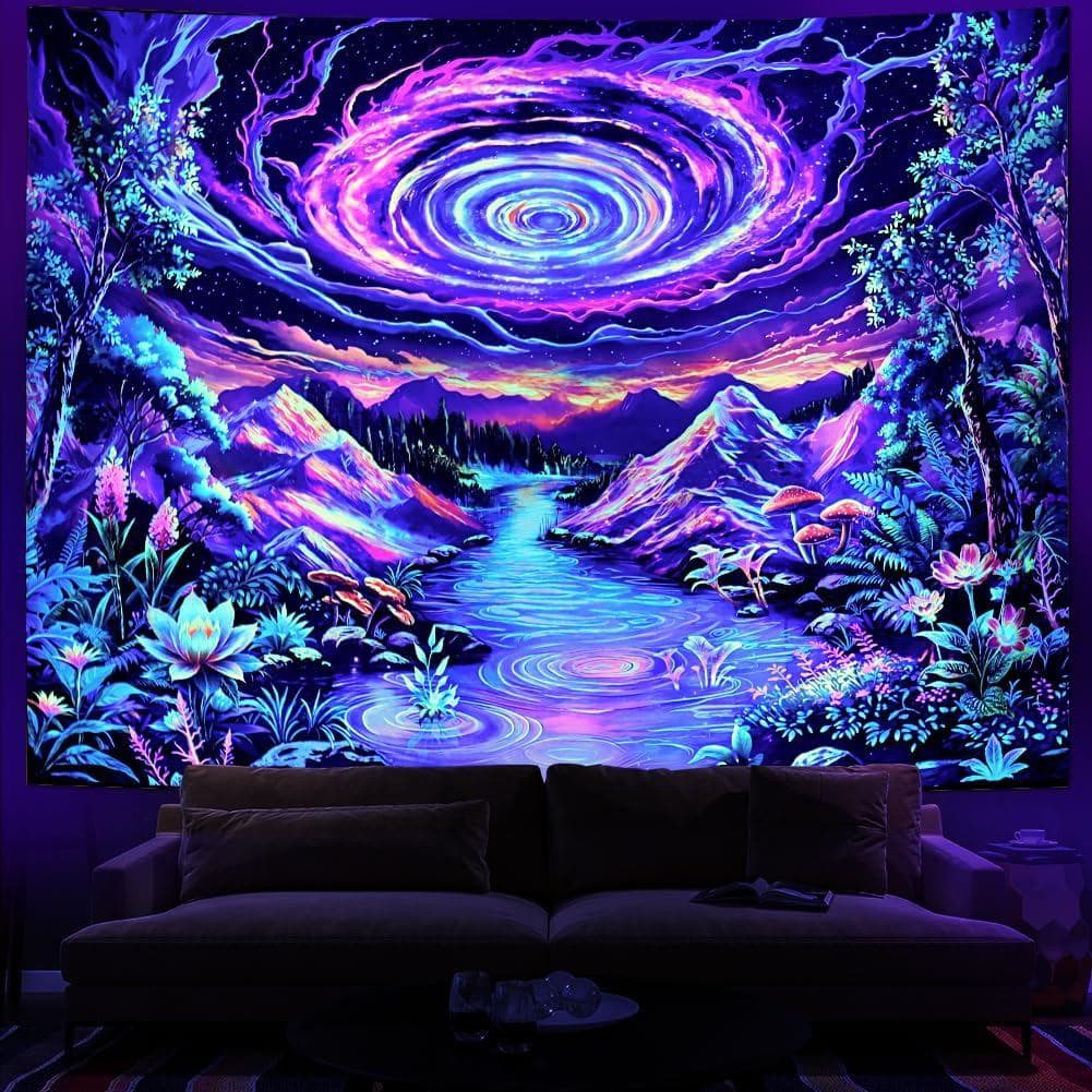 Tapeçaria Espacial Galáxia Blacklight Leofanger, Tapeçaria Colorida de Céu Estrelado, Tapeçarias de Parede Florais e de