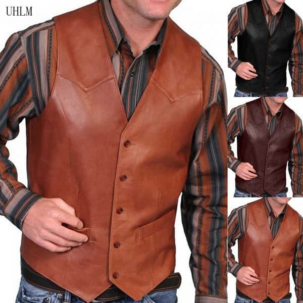 Colete de Couro Retrô Masculino com Botões, Estilo Slim Fit para Motociclistas, Jaqueta Sem Mangas, Tamanho Grande WQSX