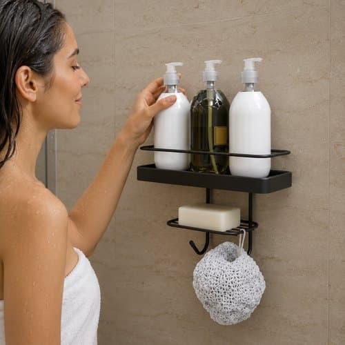 Porta Shampoo Base Saboneteira Adesivo Organizacao Banheiro Moderna Preta Compacta