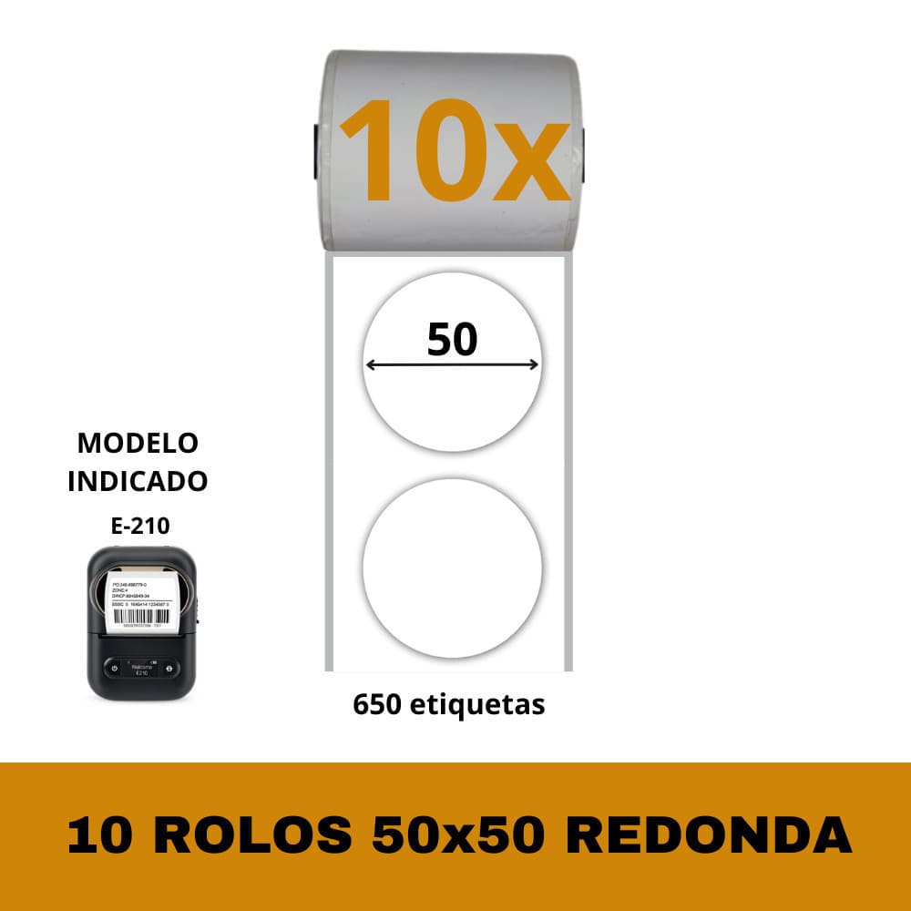 Etiqueta Redonda Adesiva 50x50 Para E210 E Pt260 - 10 Rolos