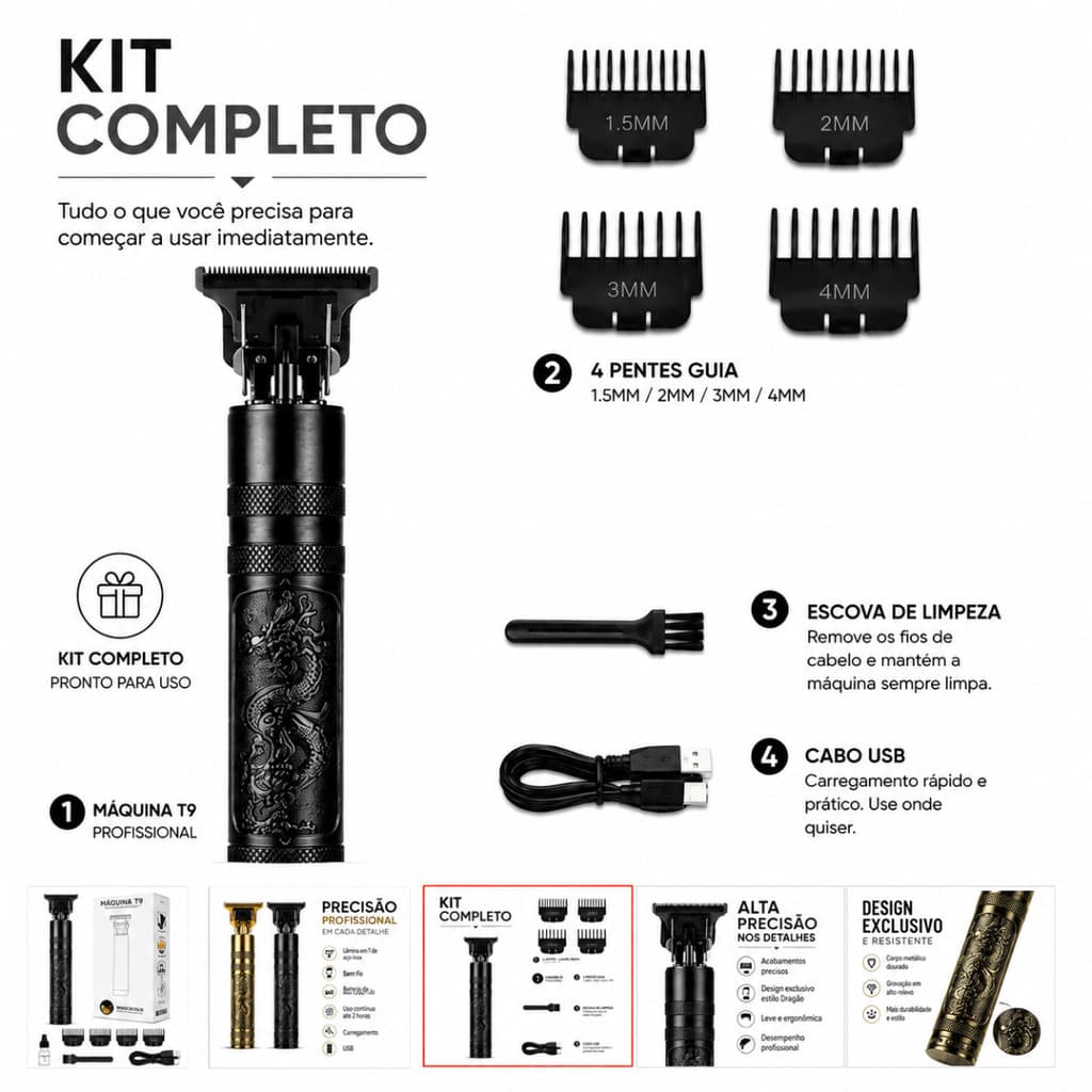 Máquina  Profissional de Acabamento para Cabelo e Barba USB com 4 Pentes Guia 1,5 a 4mm