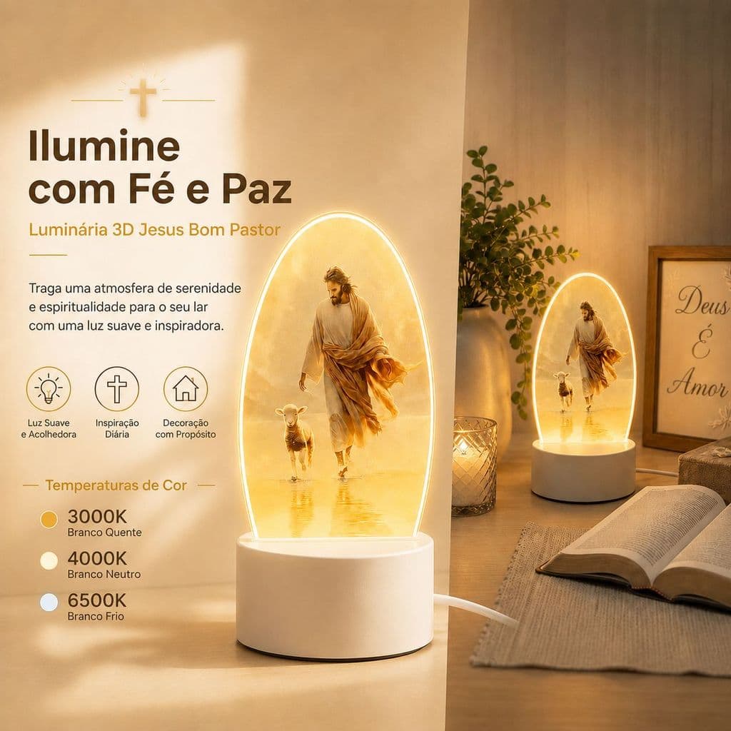 Luminária 3D Abajur LED Jesus Bom Pastor Ovelha 3 Cores 19x8cm