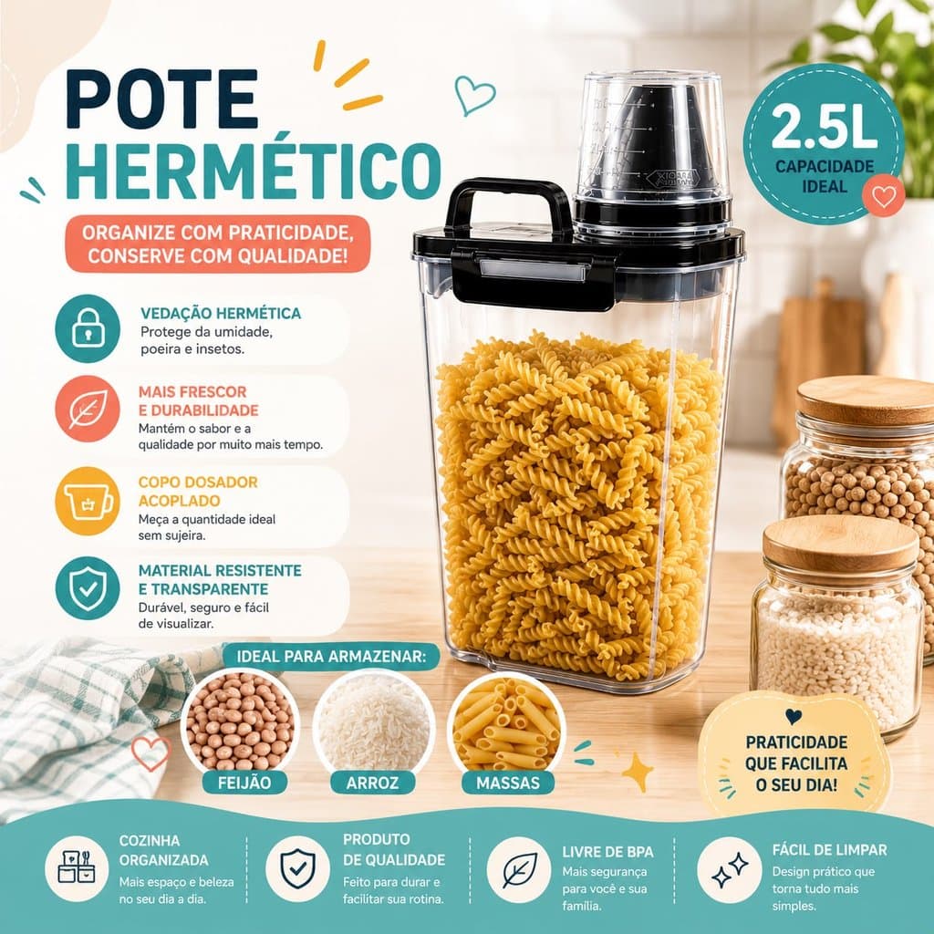 Kit Potes Herméticos 2,5L com Dosador e Copo Medidor Travas Laterais Pote Armazenador para Grãos Cereais e Líquidos