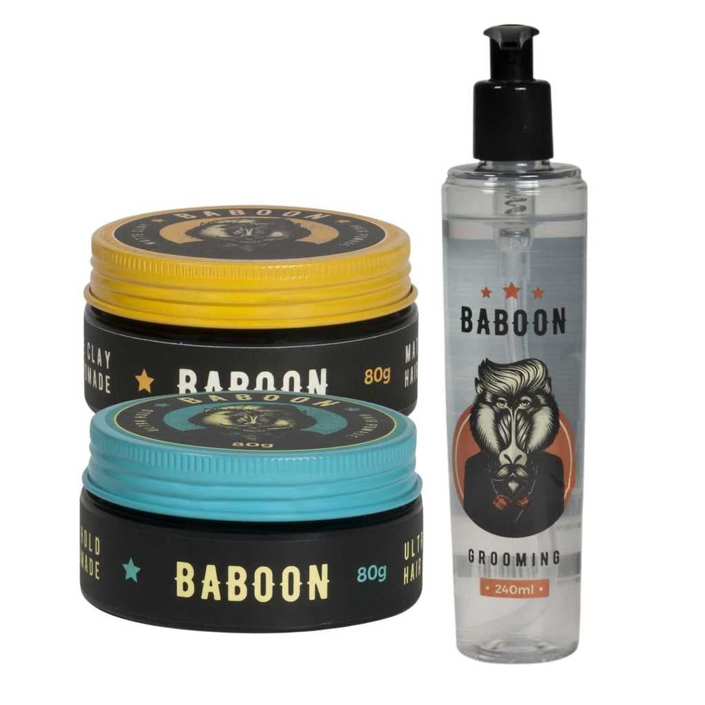 Kit Masculino Baboon Pomada Modeladora Matte Clay e Ultra Hold 80g + Grooming Modelador para Cabelos 240mL
