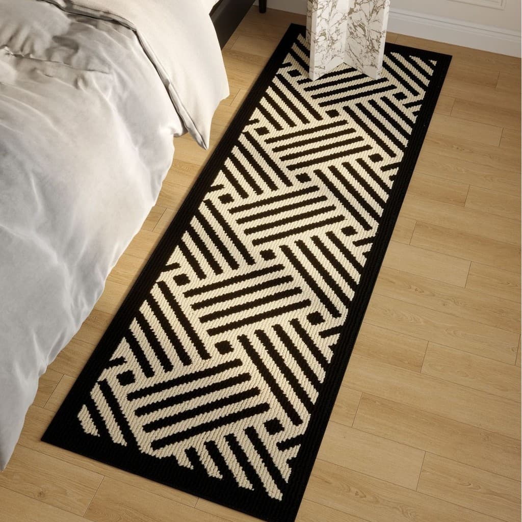 Nordic preto branco listras geométricas longo tapete quarto cabeceira entrada corredor resistente à sujeira tapete antid