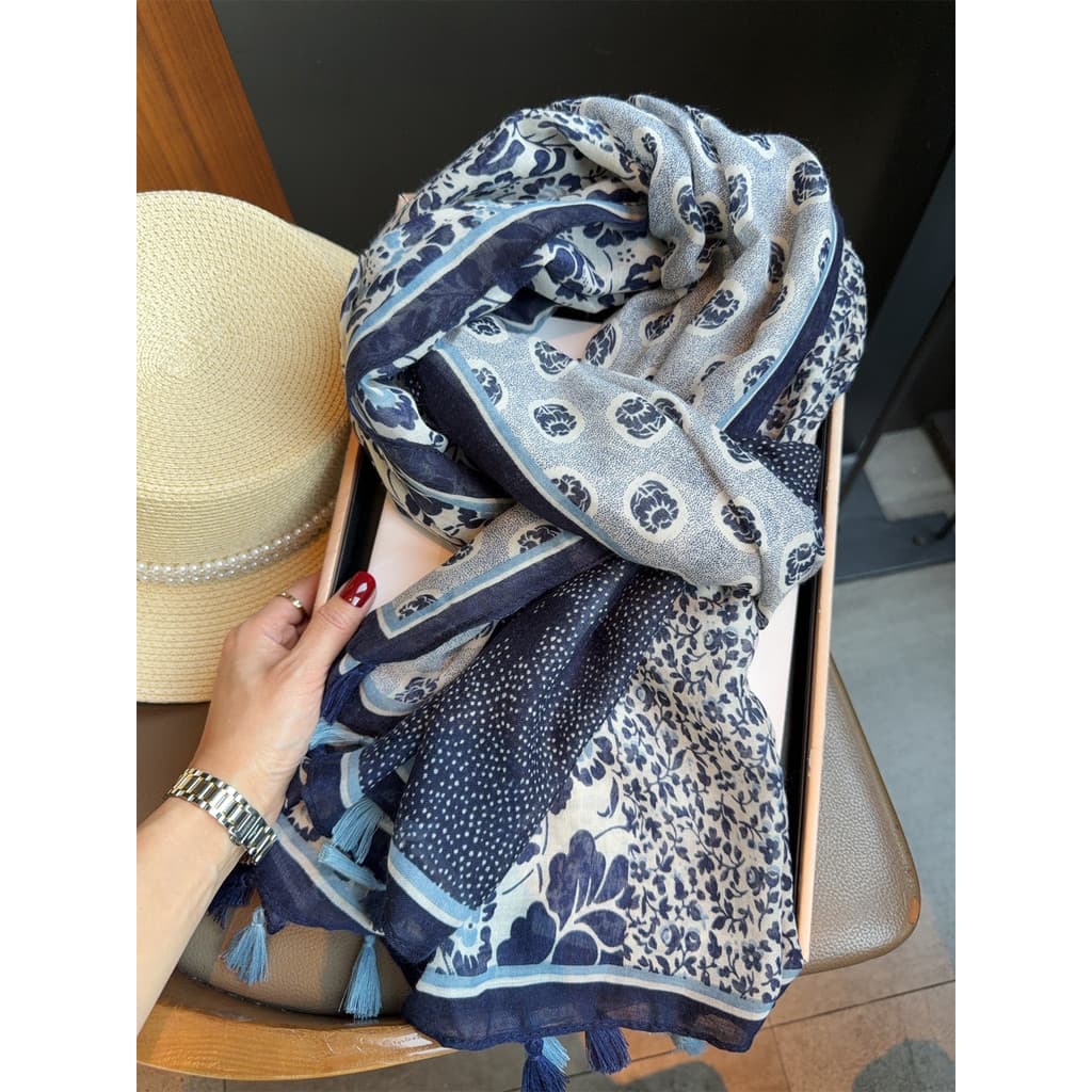 Estilo chinês azul marinho flor lenço de seda feminino verão viagem protetor solar xale ar condicionado cachecol outono