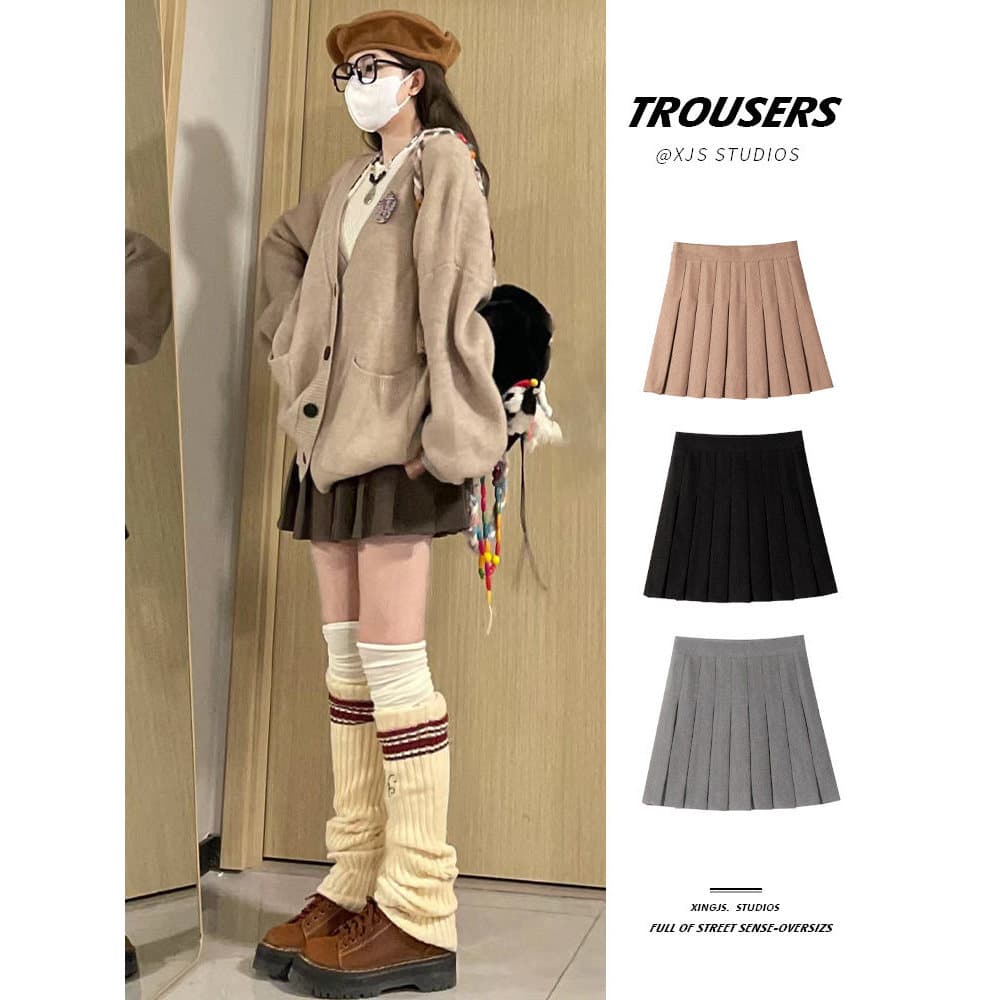 Cáqui saia plissada saia feminina primavera outono inverno 2026 novo estilo Preppy cintura alta a linha saia mais magro