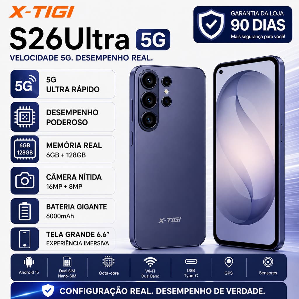 Celular X-TIGI S26 Ultra 5G 6GB RAM 128GB  Dimensity 7200 Android 15 Tela 6.6" Dual SIM 6000mAh Novo