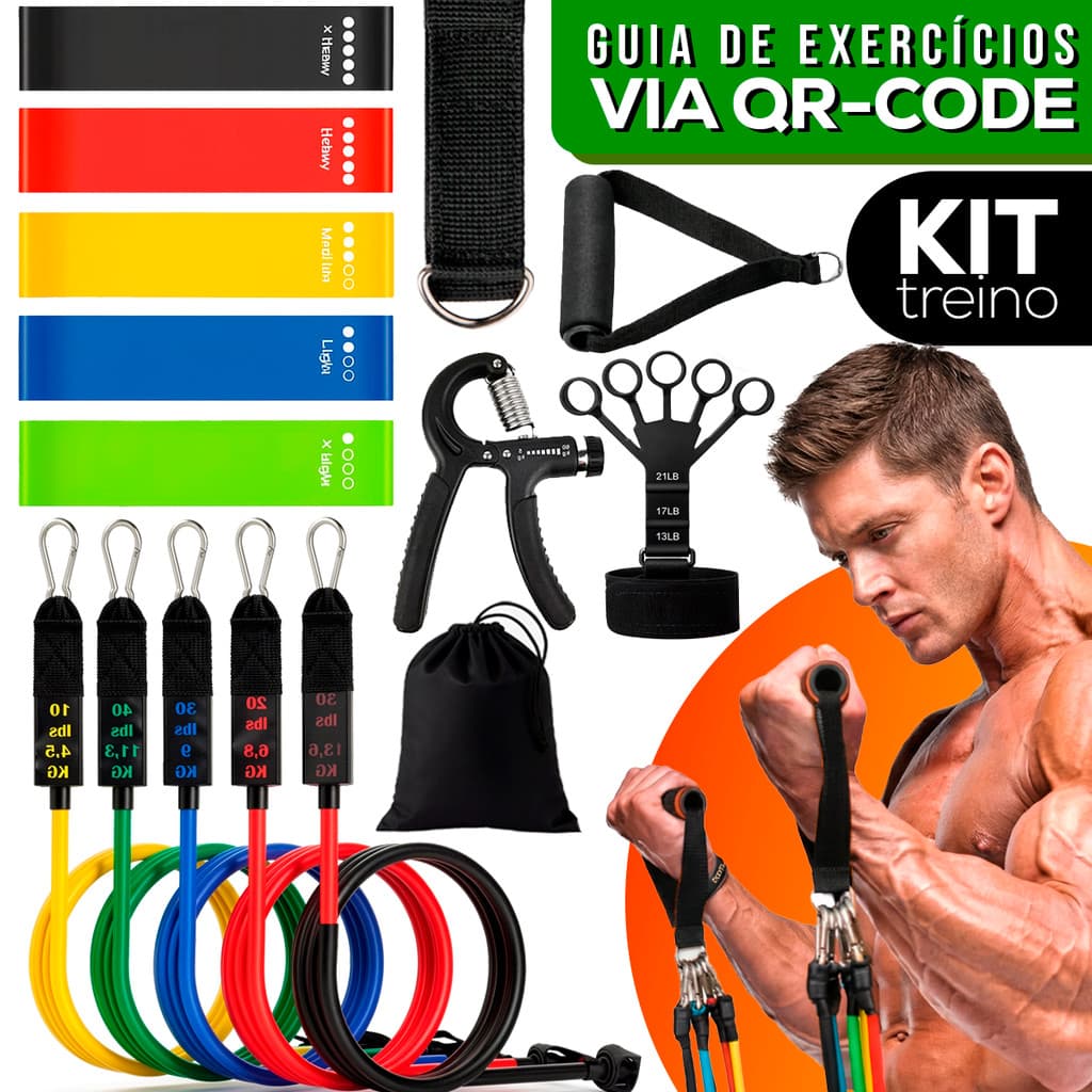 Kit 18 Itens Treino em Casa: Elásticos Extensor + Mini Band + Hand grip + Extensor de dedos Punho Guia Exclusivo