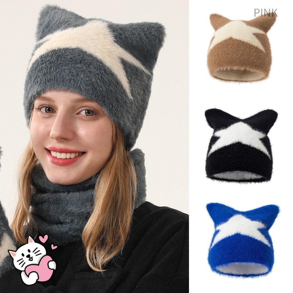PINK1 Gorro De Malha , Com Orelhas De Gato Internas Forradas E Quentes Macias , Proteção Para Os Ouvidos