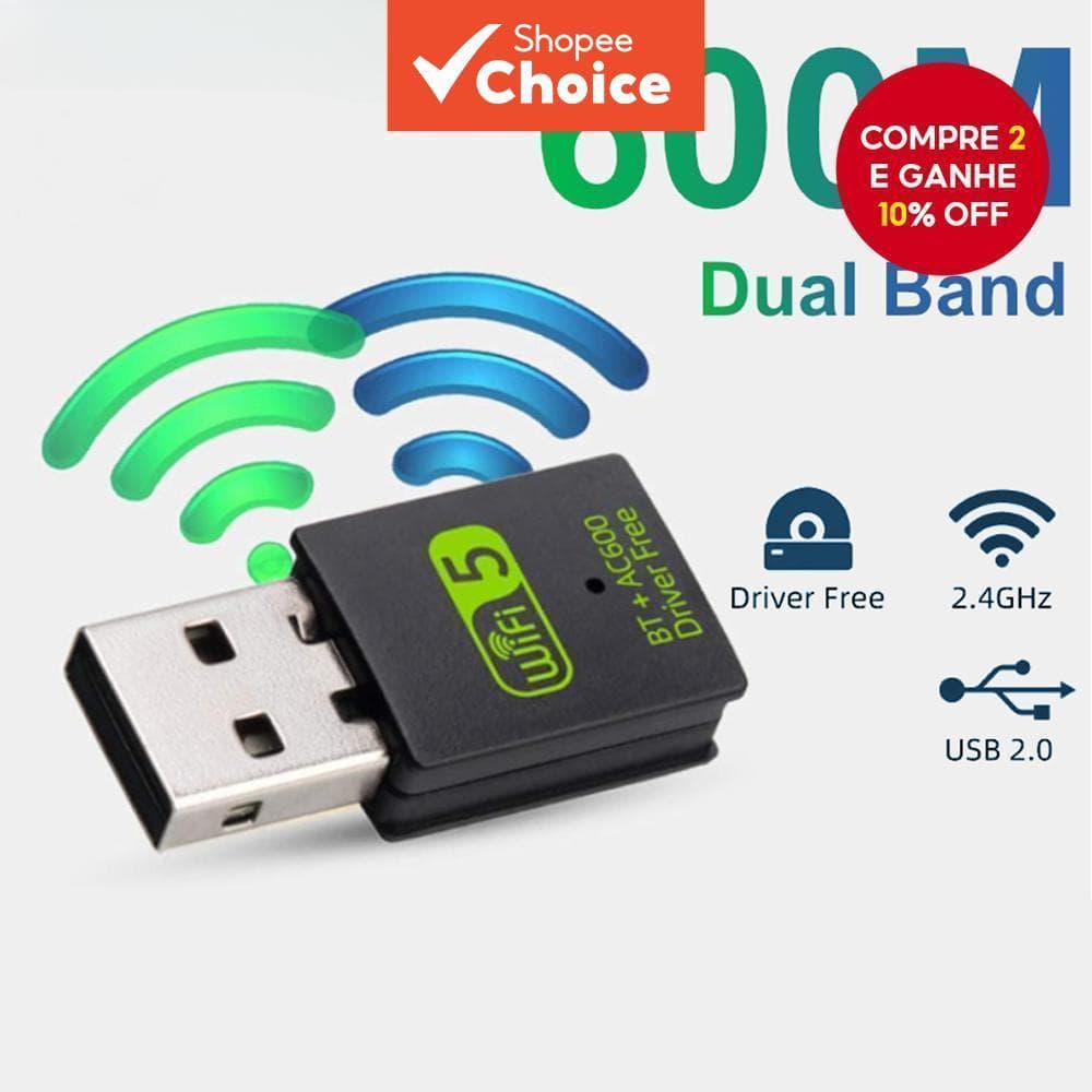 Adaptador USB FENVI 600Mbps WiFi Bluetooth 2 em 1, Dongle Banda Dupla 2.4G/5GHz, Wi-Fi 5, Receptor Wireless LAN, sem