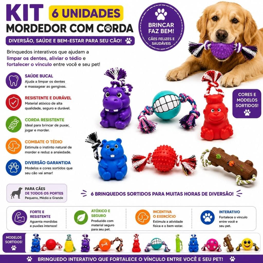 Kit 06 Brinquedos Pet Mordedor Cravo com Corda Sortidos para Cães - Corda resistente, ideal para porte pequeno e médio