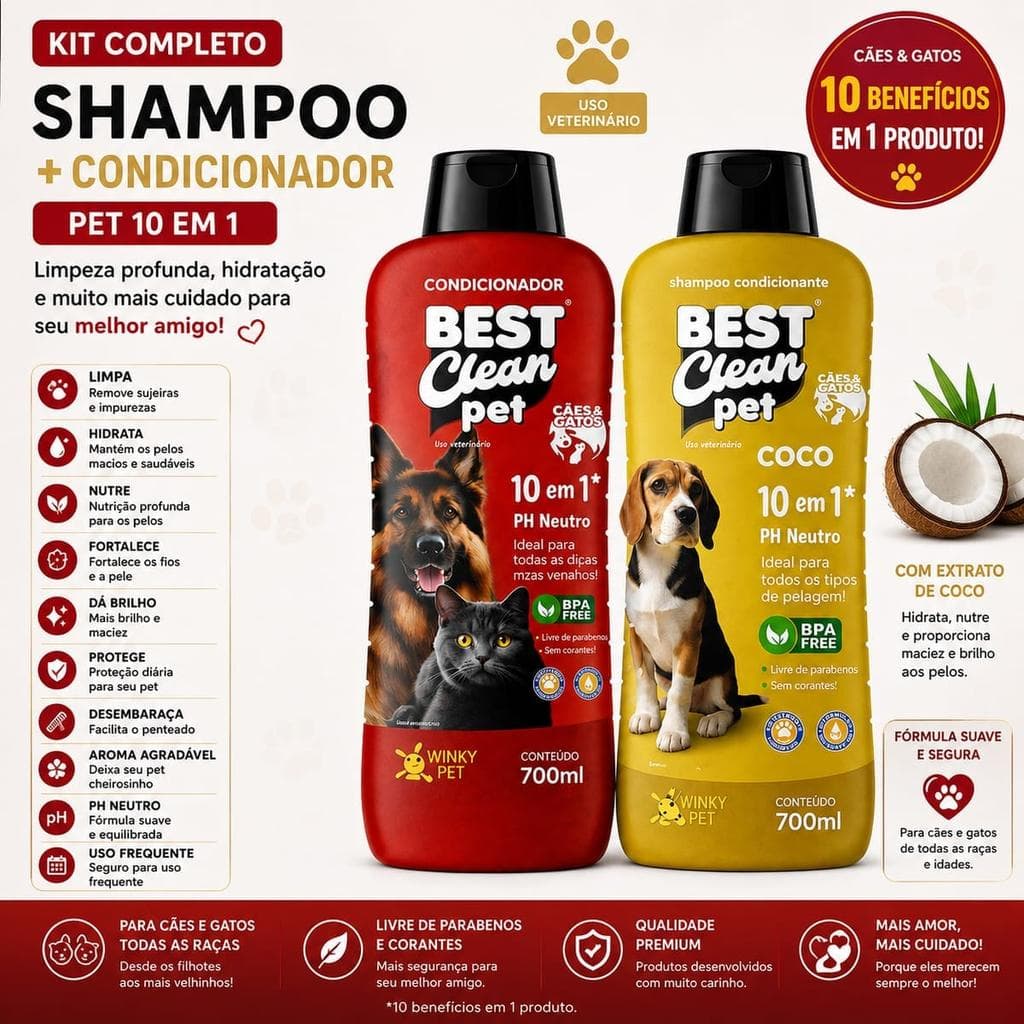 Kit Shampoo e Condicionador Pet Coco 10 em 1 700ml cada - Best Clean Pet, pH Neutro, Sem Parabenos, Cães e Gatos