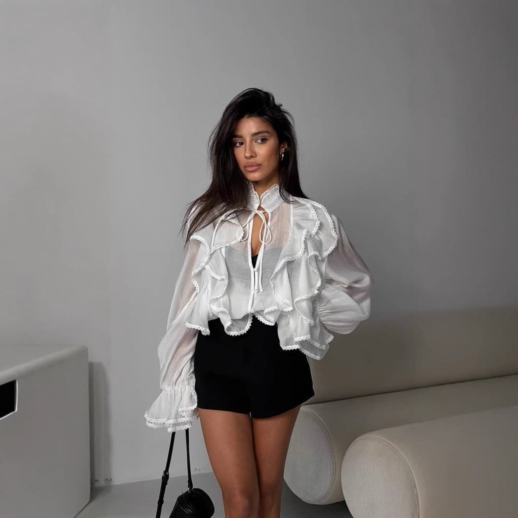 top Feminino cropped Com Manga Trompete Amarrada E design De Primavera , Camisa De Cor Sólida Babados Decote Em V