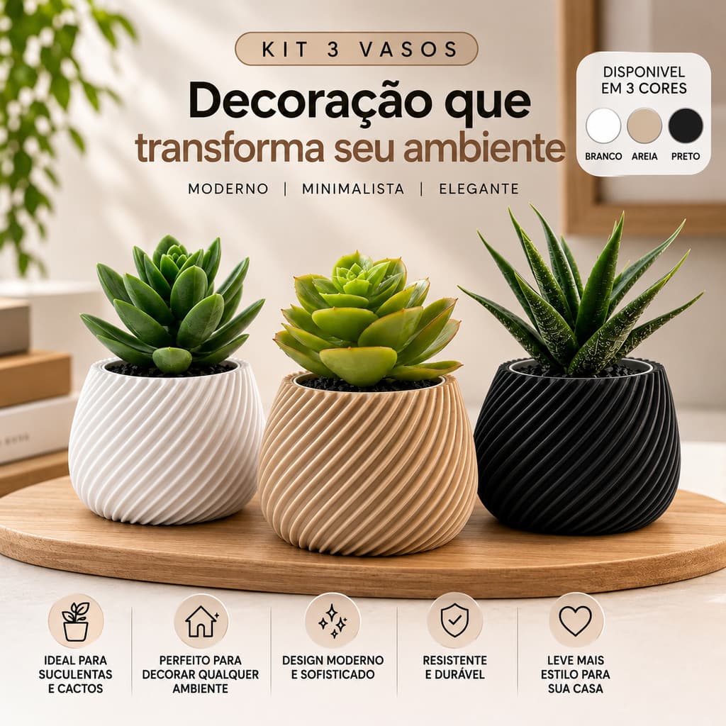 Kit 3 vasos decorativos Para suculenta moderno