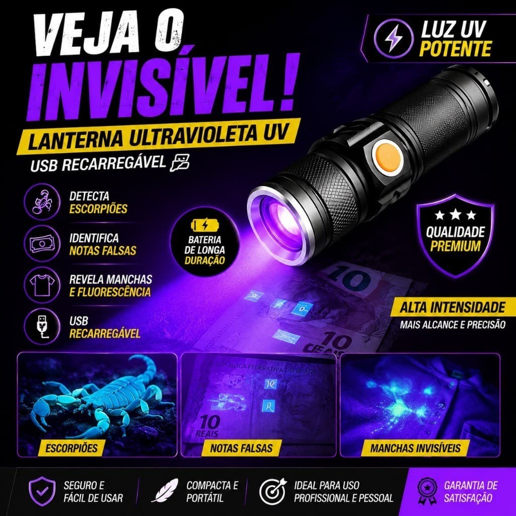 Lanterna Ultra forte Ultravioleta Usb Led Potente Luz Negra Uv Nota Falsa