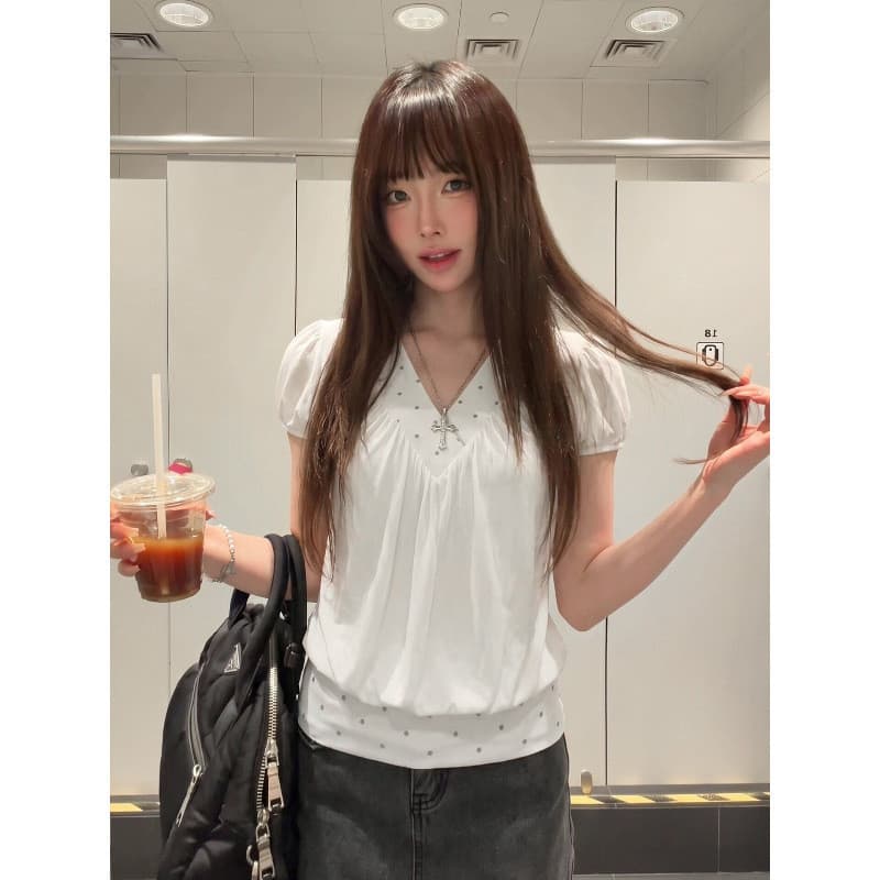 Tamanho grande com decote em v bolinhas costura elegante manga curta novo estilo estilo coreano