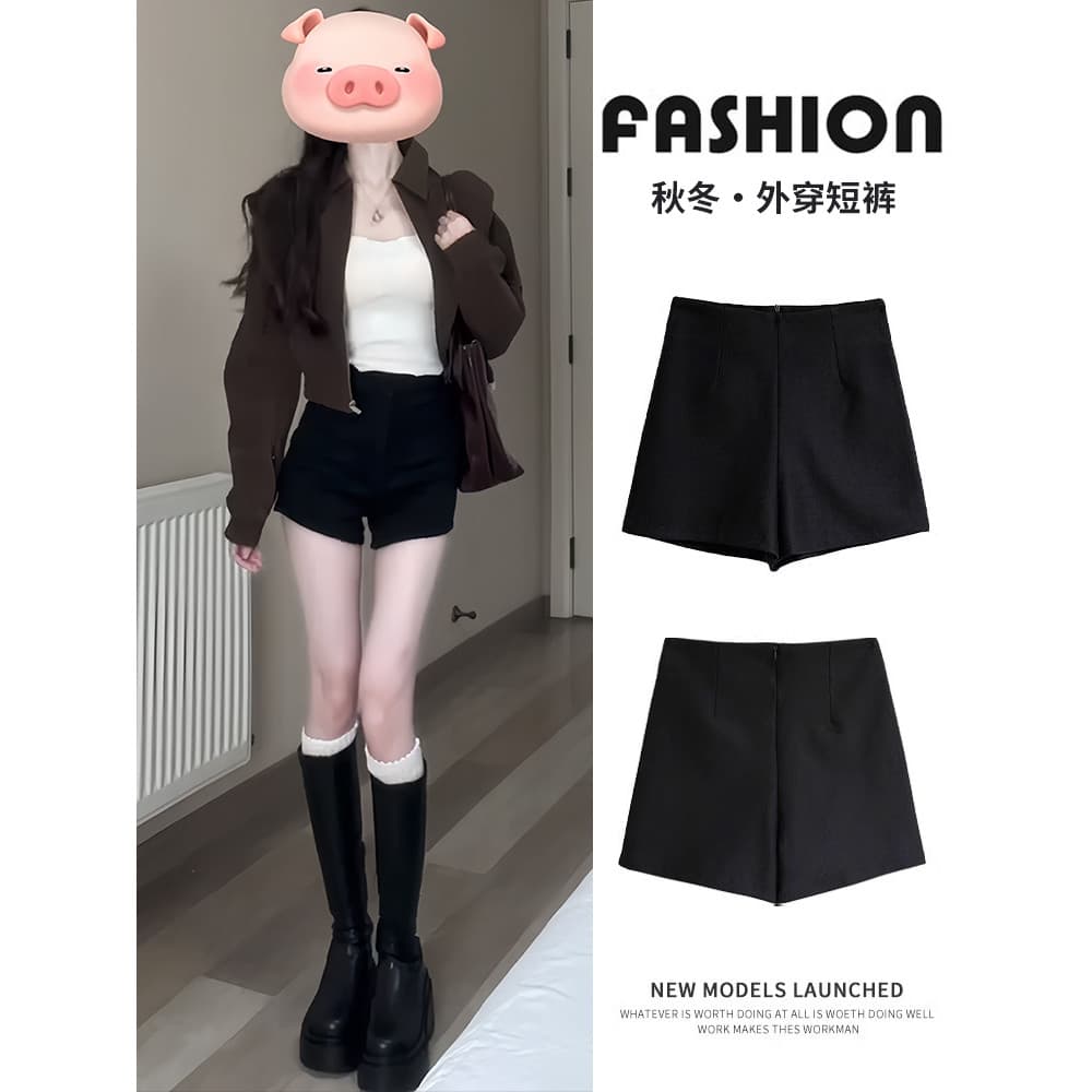 Preto terno Shorts feminino outono inverno forro de lã cintura alta mais magro olhar botas calças a linha quente meninas