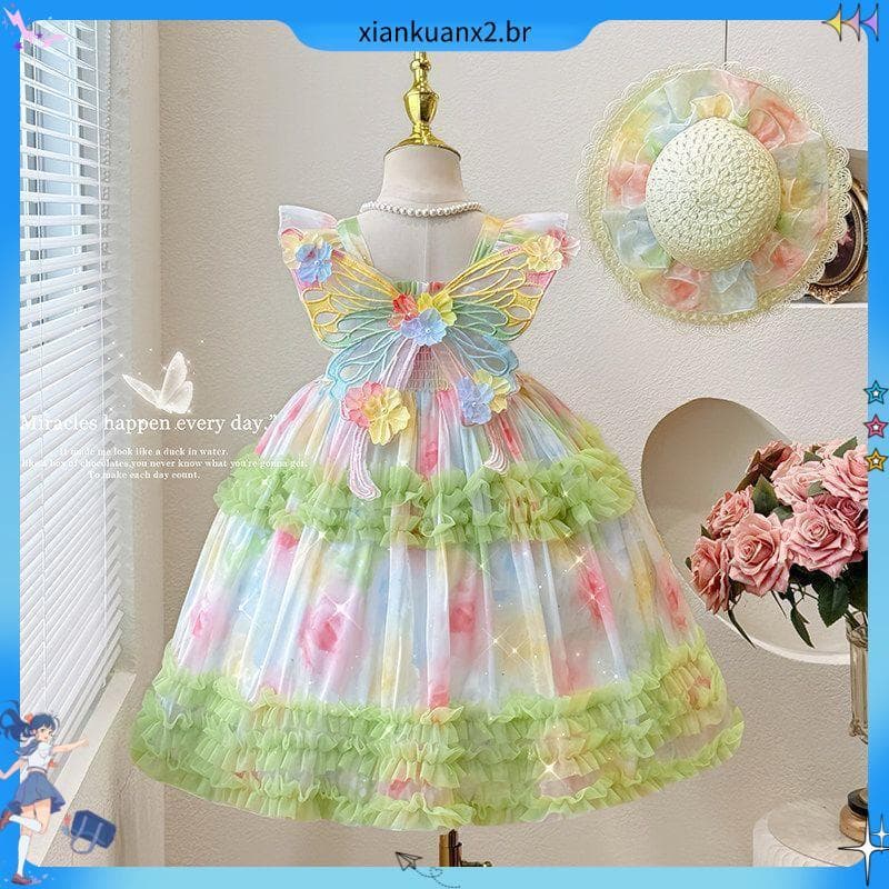 Meninas vestido de verão novo estilo bebê menina estilingue vestido Floral vestido de princesa crianças asas borboleta s