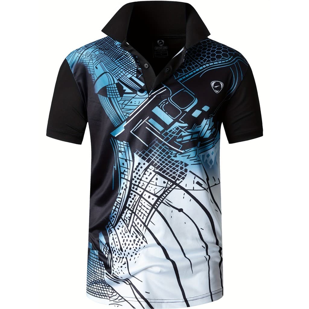 Camisa polo esportiva masculina estampada lapela camiseta polo manga curta justa tênis golfe camisa de boliche