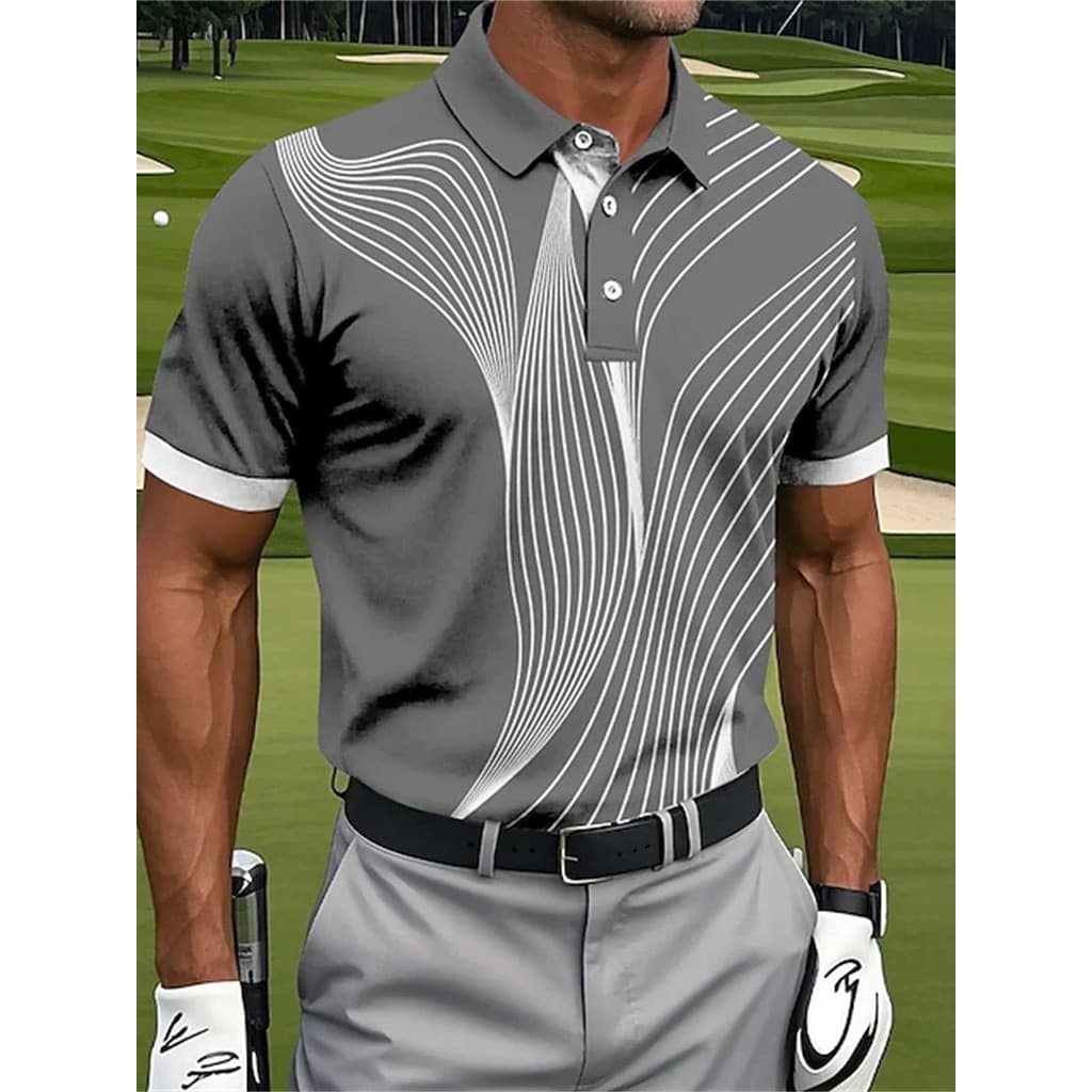 Camisa POLO respirável masculina, estampa de listras geométricas - camisa POLO Casual de golfe e negócios de manga curta