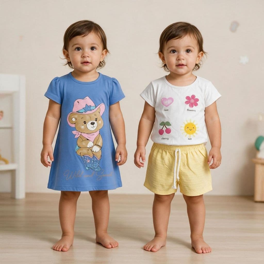 Kit Vestido + Conjunto Infantil Menina Roupa Feminina Blusa Shorts Manga Curta Estampado Moda Casual