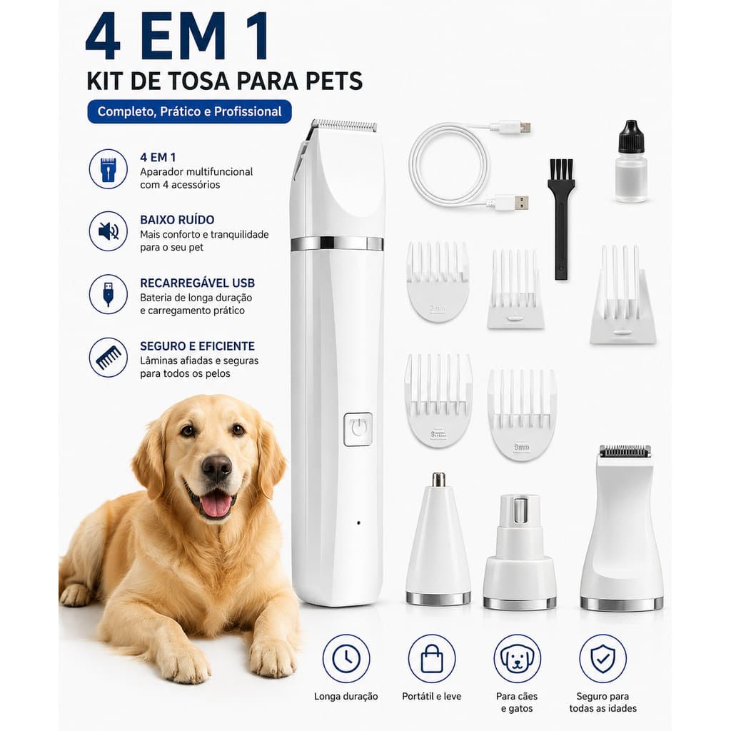 Kit Máquina de Tosa Pet 4 em 1 Recarregável USB para Cães e Gatos