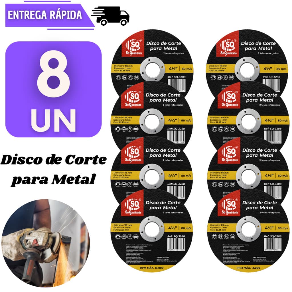 8 Disco Corte Metal E Ferro 115mm x 1mm x 22mm Para Fino Esmerilhadeira Corte Preciso Serralheria Resistente Discos