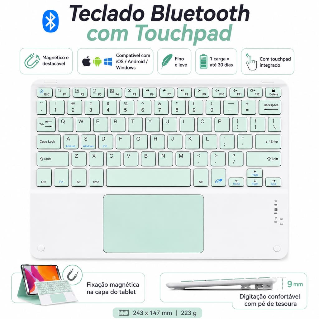 Teclado Bluetooth Magnético ABNT2 com Tecla Ç para iPad 11ª Geração Samsung S6 Lite A9 Plus Redmi Pad SE 11