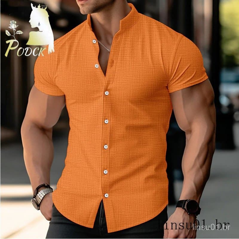 Novo estilo de verão europeu americano camisa masculina juventude casa cor sólida manga curta lapela camisa algodão linh