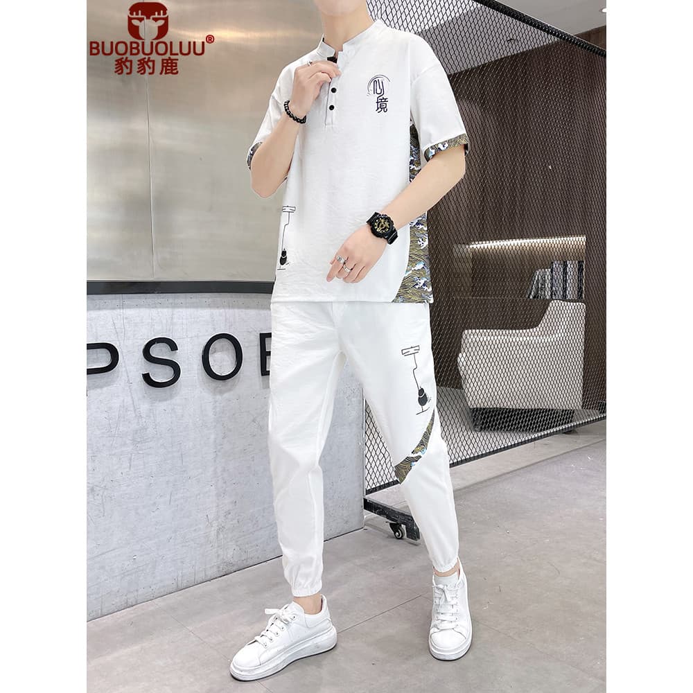 Melhorado Hanfu gelo seda terno de manga curta masculino verão estilo chinês Tang terno antigo imitação algodão linho no