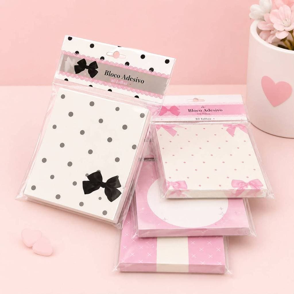 Bloquinho de Anotações Kawaii Laços e Poá | Bloco de Notas Decorado para Escola, Estudos e Trabalho