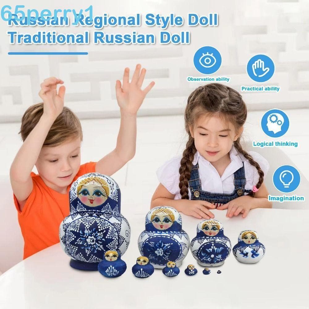 PERRY1 10 Pçs/Set Matryoshka Boneca Brinquedos , Impressão Floral Azul Bonecas Russas Artesanais , Desenhos Animados