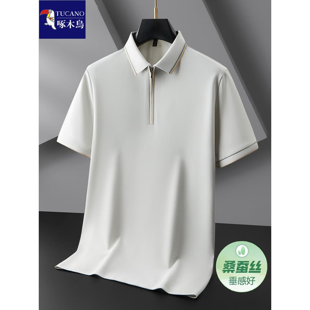 Woodpecker luz luxo verão lapela de manga curta camiseta masculina mais gordura plus Size seda amoreira meio zíper camis