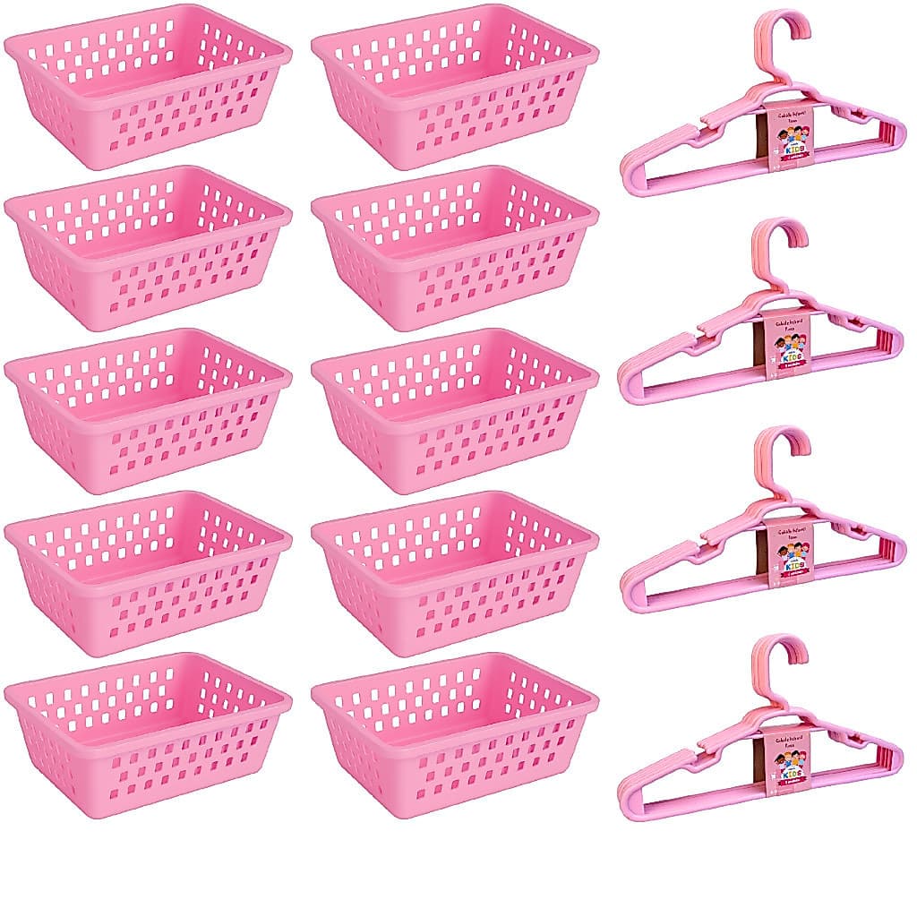 Cesto Organizador e Cabide infantil Kit 10 Cestinhas e 20 Cabides Rosa Para Bebe