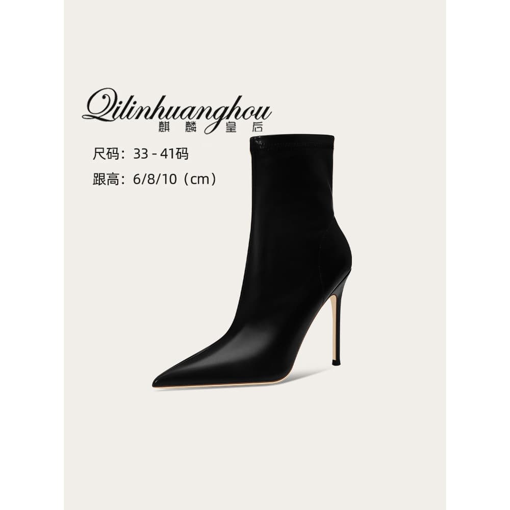 Botas femininas high-End botas de tornozelo francês preto apontou salto alto botas curtas zíper lateral elástico botas d