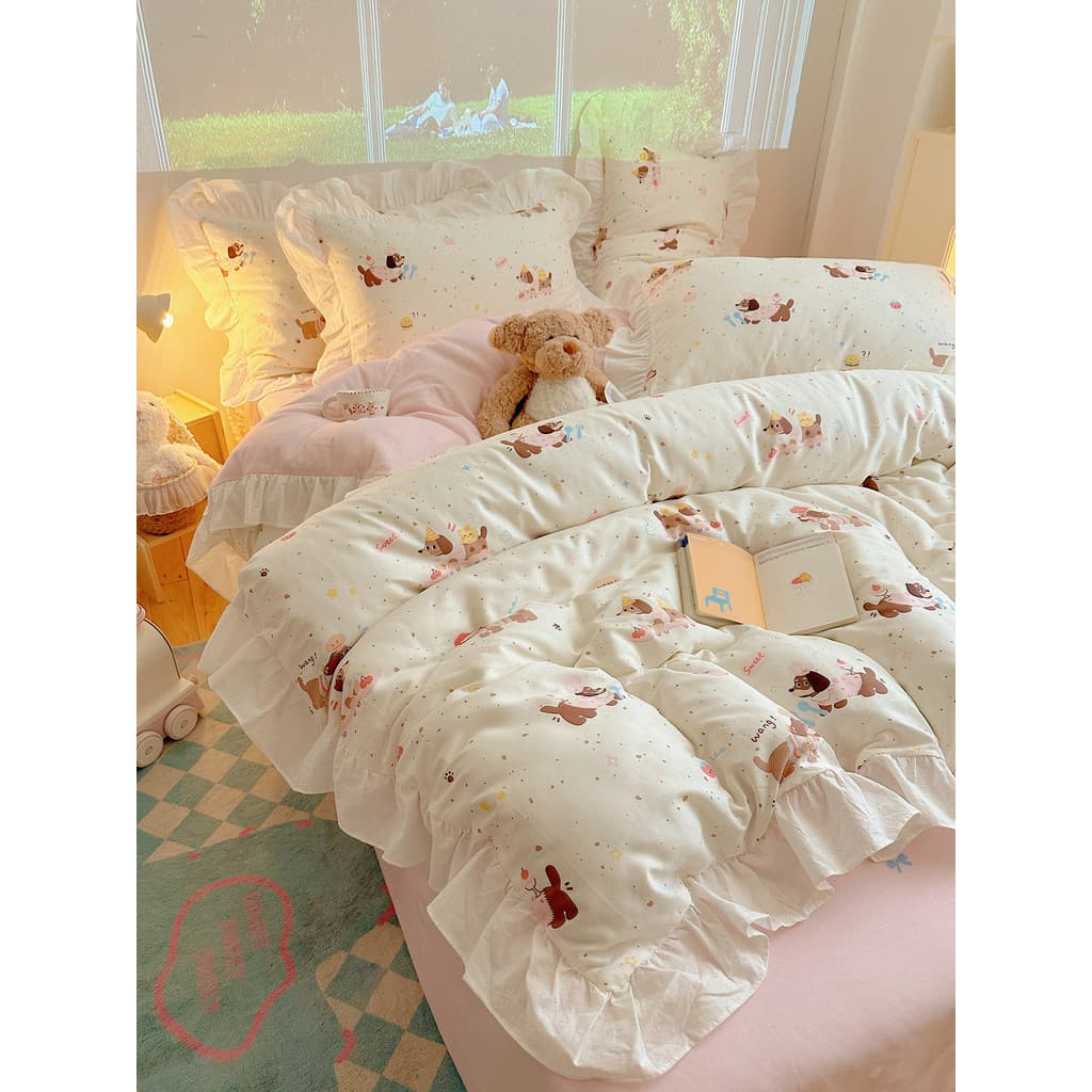 Bonito Dachshund algodão cama conjunto de quatro peças estilo renda 1.5/1.8m lençol colcha capa puro algodão dos desenho