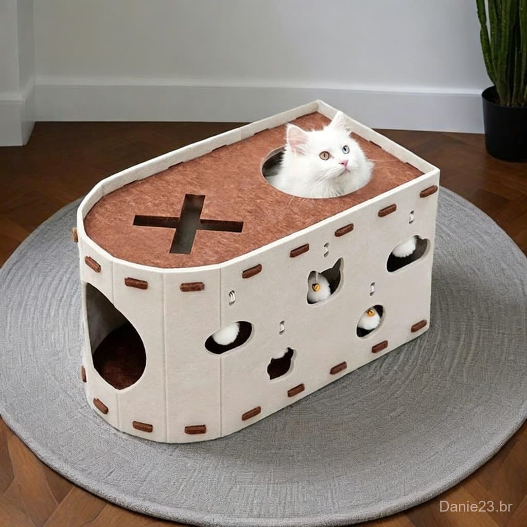 Cama de Gato em Feltro com Toca, Brinquedo e Arranhador 3 em 1, Confortável e Durável, Ideal para Gatos Brincar e Descan