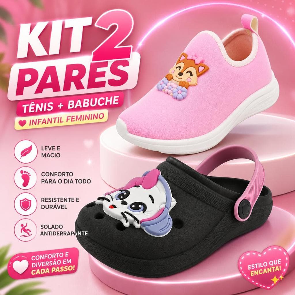 Kit 2 Pares Tênis Calce Facil Menina E Babuche Macio