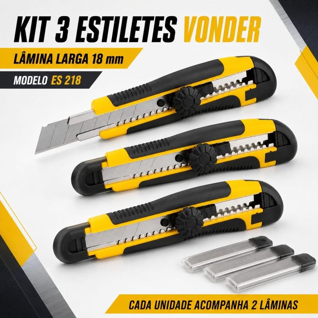 Estilete Largo Vonder ES 218 - Kit 3 (3 estiletes, 6 lâminas) Lâmina 18 mm, corpo plástico reforçado com borracha