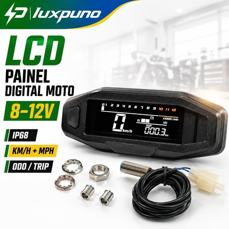 Painel Digital Mini LCD Moto Universal 12V Velocímetro Odômetro LCD IP68 Preto Ciclocomputador eletrônico multifuncional