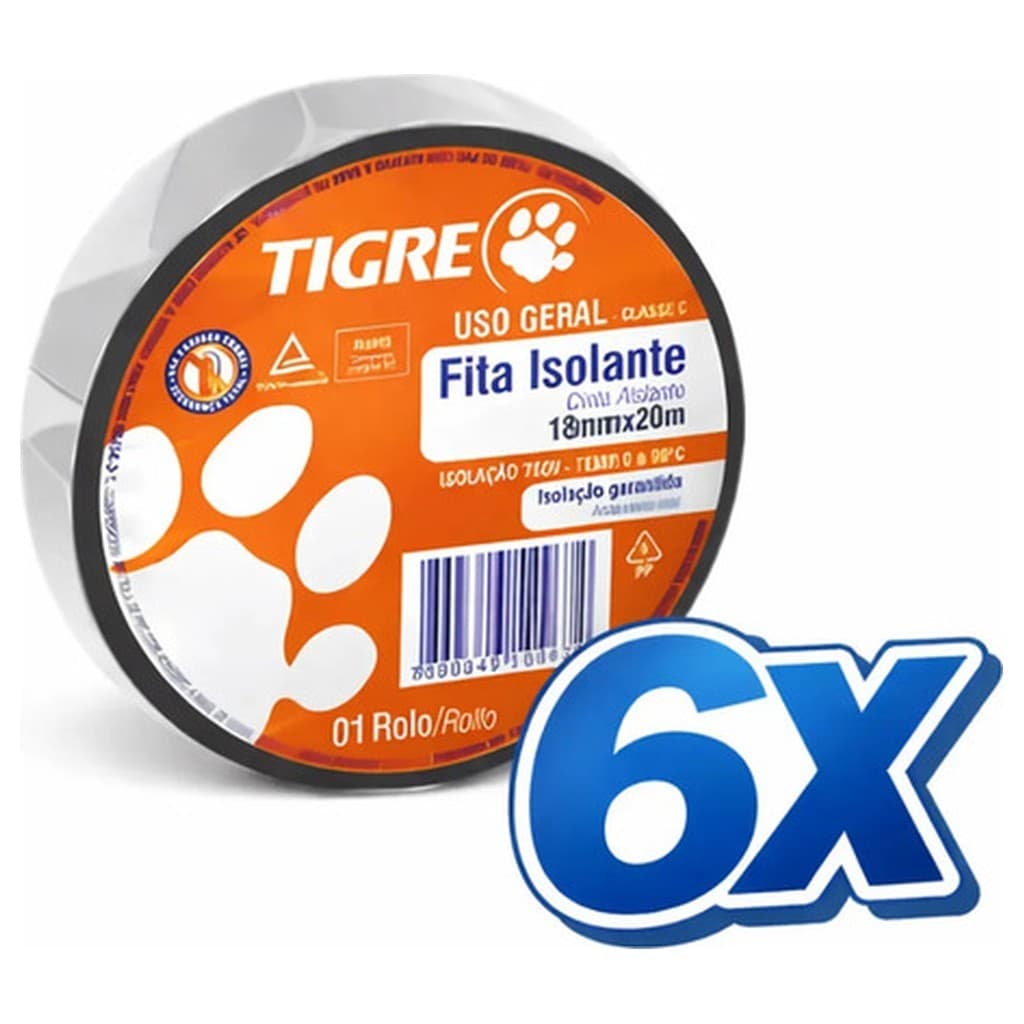 Kit 6 Fita Isolante Tigre Uso Geral 18mmx5m Preto Polipropileno Brilhante Madeira Metal Borracha