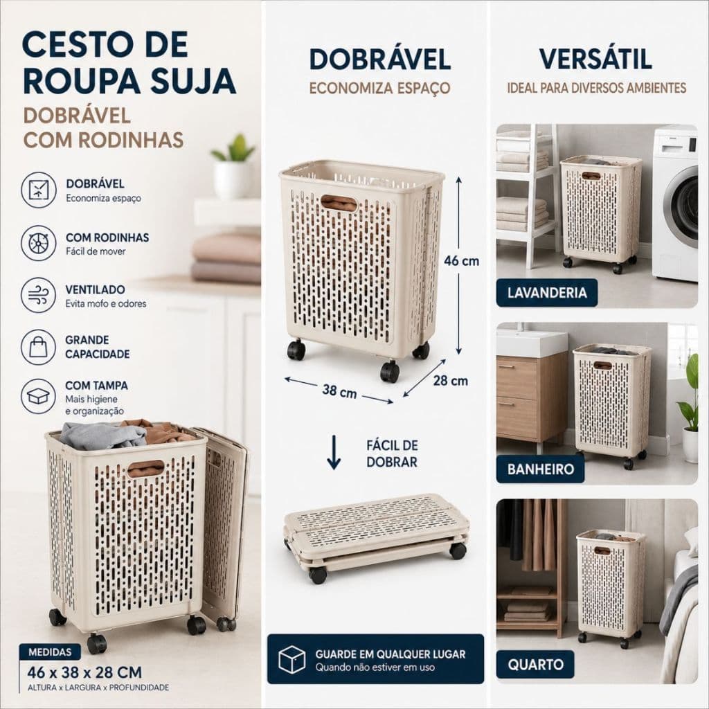 Cestos De Roupa Suja Retrátil Dobrável De Chão Com Rodinhas 46x38x28Cm