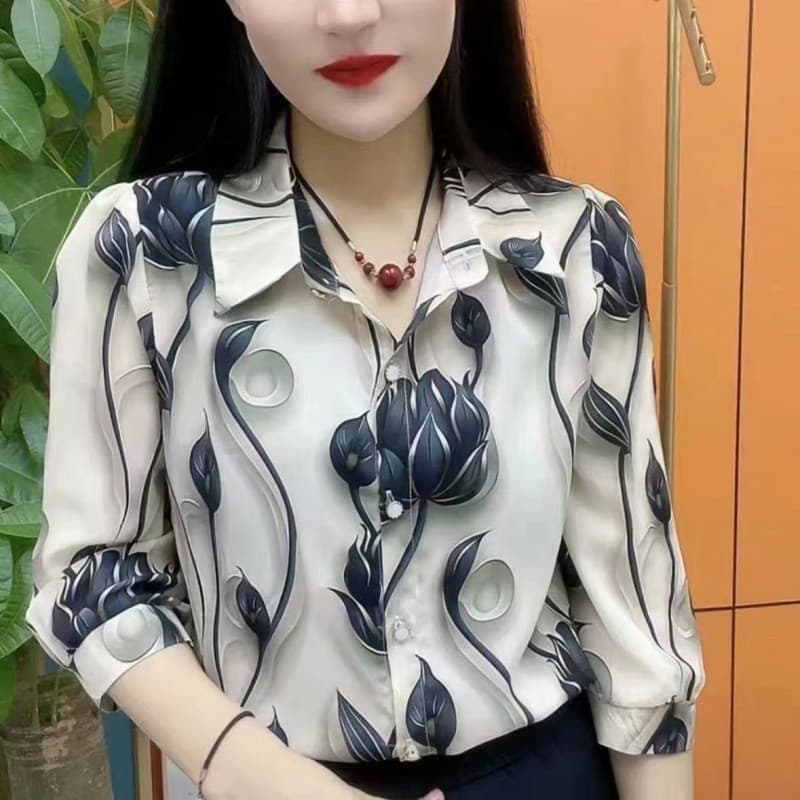 Blusa Formal Feminina de Manga Longa com Botões, Estampa de Cetim, Tamanho Plus, Camisa Formal Branca com Botões, Blusas