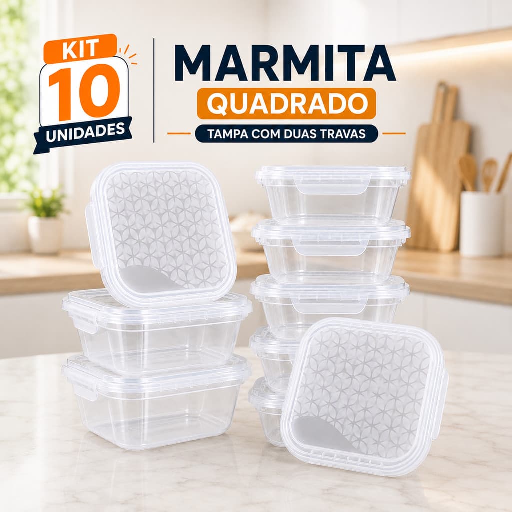 Kit 10 Potes Marmita Quadrado 800 ml Para Freezer e Microondas Transparentes BPA Free Organizador