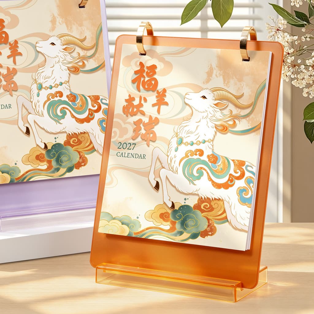 Calendário de mesa 2027 Estilo Chinês Calendário de mesa antigo Fu Yang Xianrui Decoração de estudo de escritório Acríli