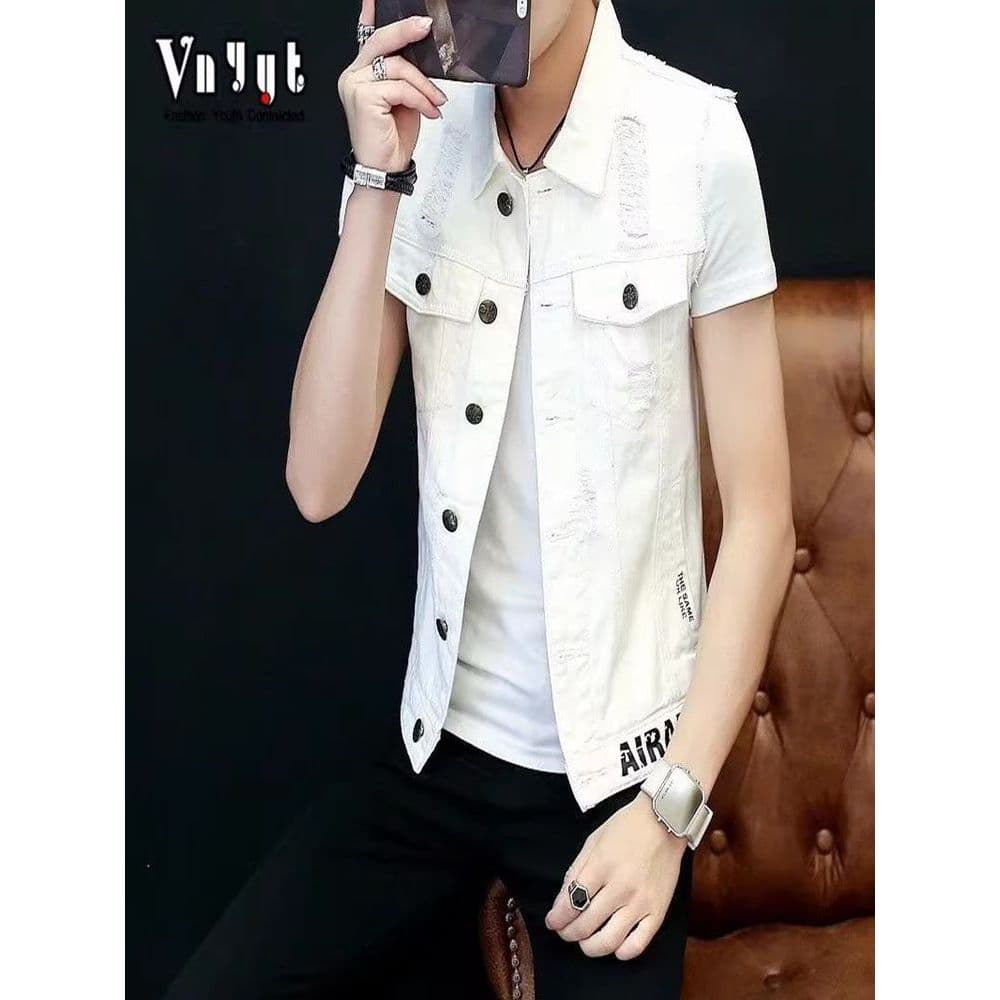 Colete jeans americano masculino estilo verão Street Wear Slim-fit rasgado Casual All-Match rufião bonito branco sem man