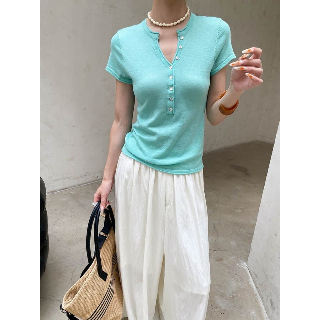 Camiseta feminina de manga curta com decote em V verde menta ombro High-End Super bonita malhas pequeno requintado curto