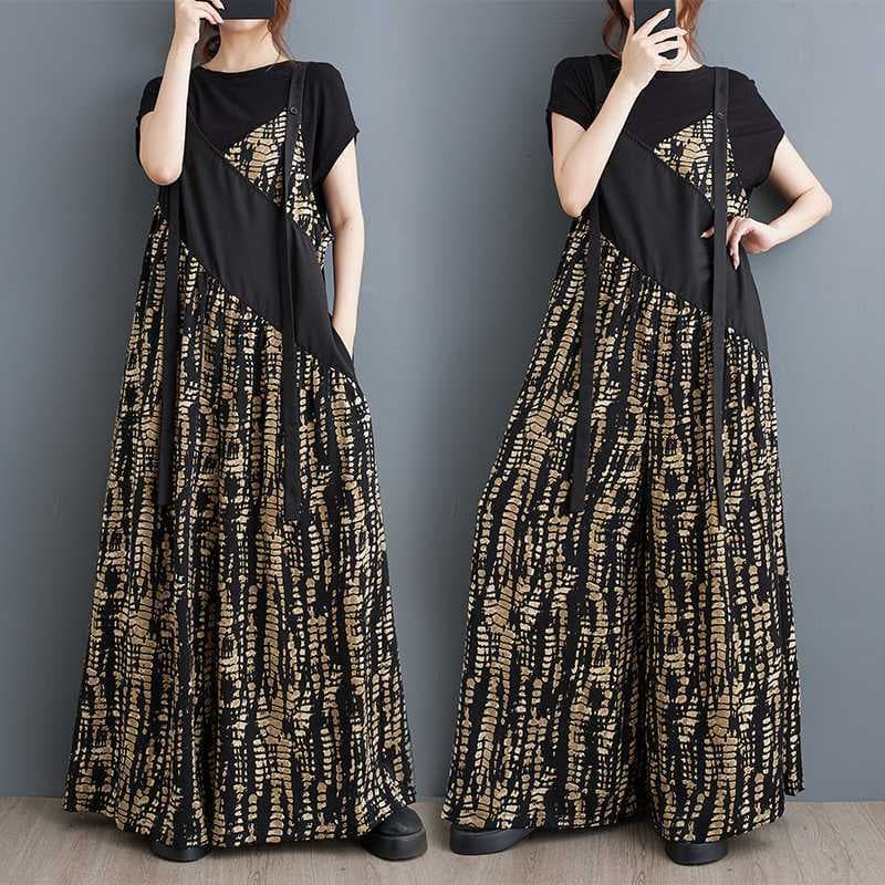 Olhos grandes [Roupas femininas estilo Yamamoto] Macacão-Nicho Design Temperamento Estilo Impresso Costura Macacão Saia
